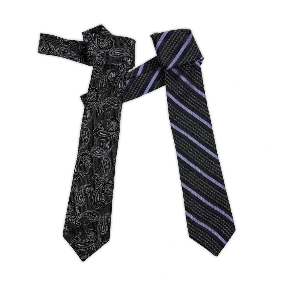Lot of 2 VTG Hickey Freeman Ties Diagonal Purple Charcoal Stripe Paisley Power